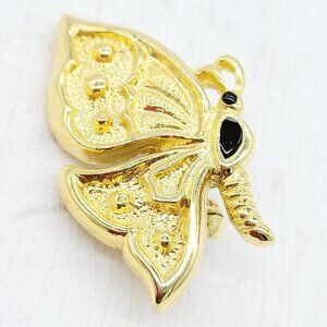 Signed New View Gold Tone Small Butterfly Brooch Black Enamel Accents 1"